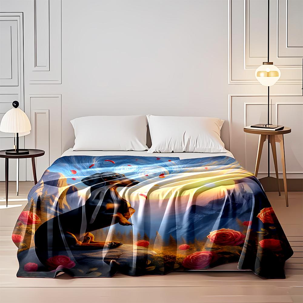 Dachshund with Roses and Scenic Sunset. Flannel blanket for bedroom, living room, sofa, and nap sofas.