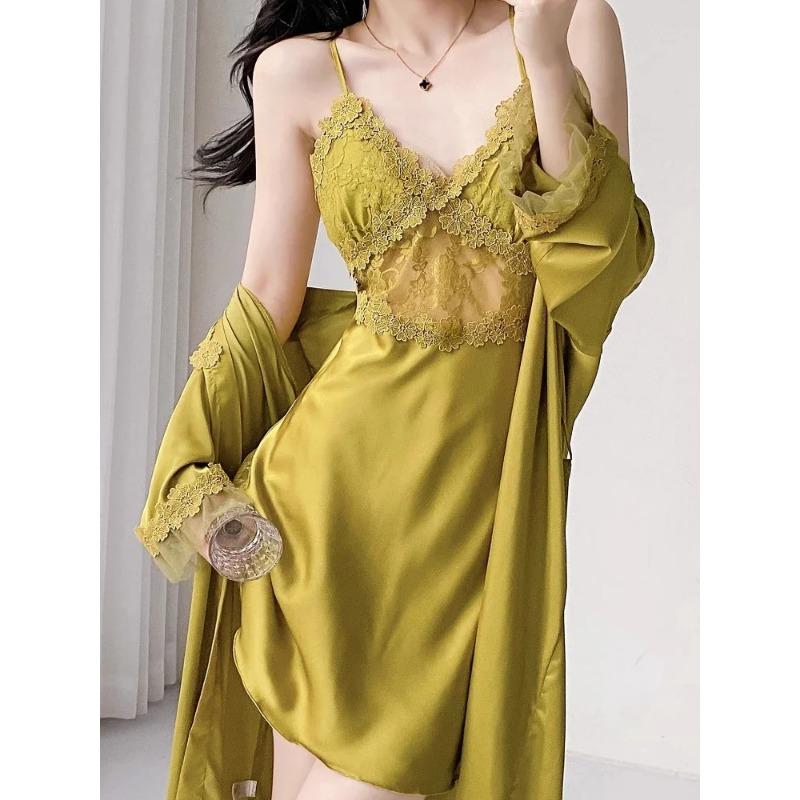 Jedwabne szlafroki damskie, seksowna koronkowa bielizna z głębokim dekoltem w serek i odkrytymi plecami, wyściełany zestaw szlafroka do spania z paskiem do wiązania do domu