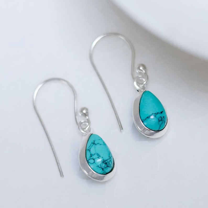 Solid 925 Sterling Silver Synthetic Turquoise Pear Shape Gemstone Dangle Drop Earrings