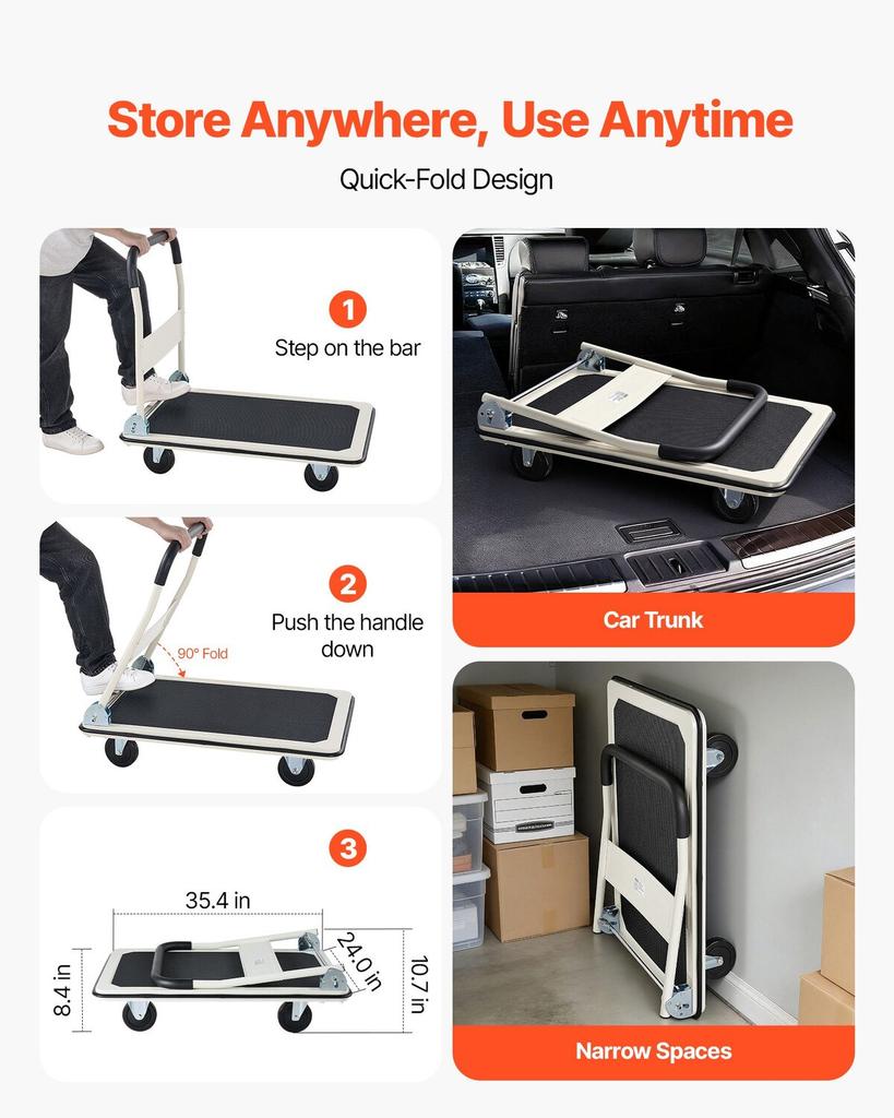 Foldable Push Cart Dolly, 299.37 Kg Capacity, Folding Platform Truck with Swivel Wheels, Moving Platform Hand Truck Flatbed Cart, Space Saving Push