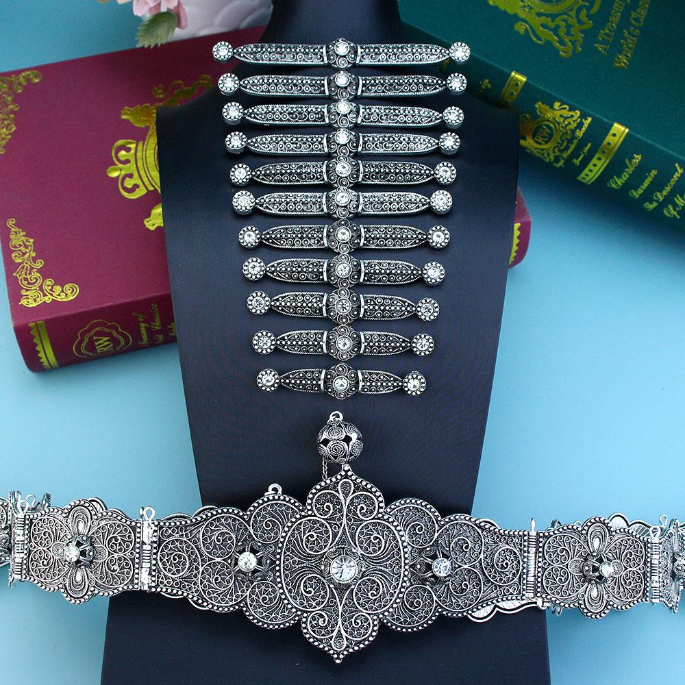 Slavic Caucasus Bride Jewelry Set For Women Crystal Dress Belt Breastplate Set Antique Silver Color Turks Belt