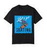 Skateboard T-shirt Label Design with Illustration of Skeleton Playing Skateboard