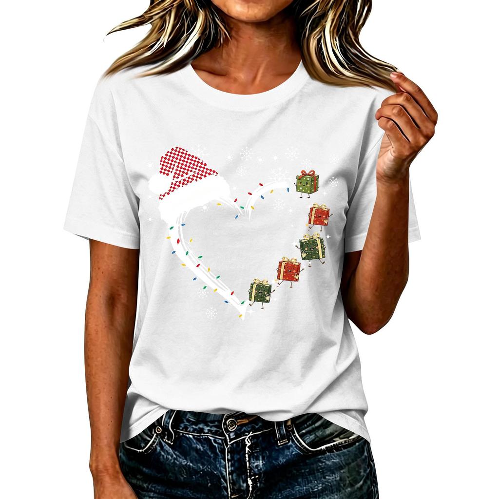 Damen Casual Weihnachten Bedrucktes Kurzarm-T-Shirt mit festlichem Feiertagsdesign