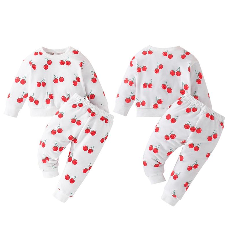 

Комплект одежды с вишневым принтом для маленьких девочек, свитер с круглым вырезом, топ и штаны, комплект из 2 предметов