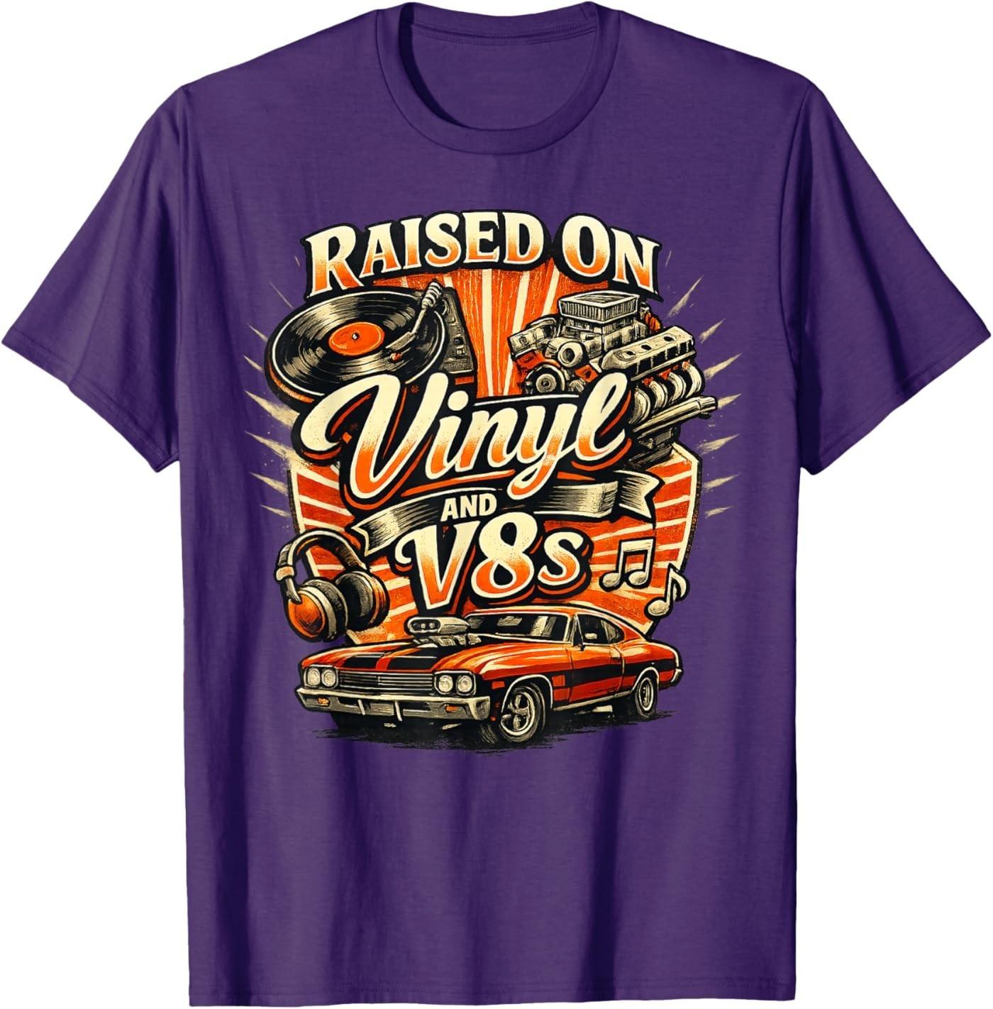 Vintage Raised On Vinyl and V8s Retro Car Music Culture Unisex T-Shirt S разноцветный
