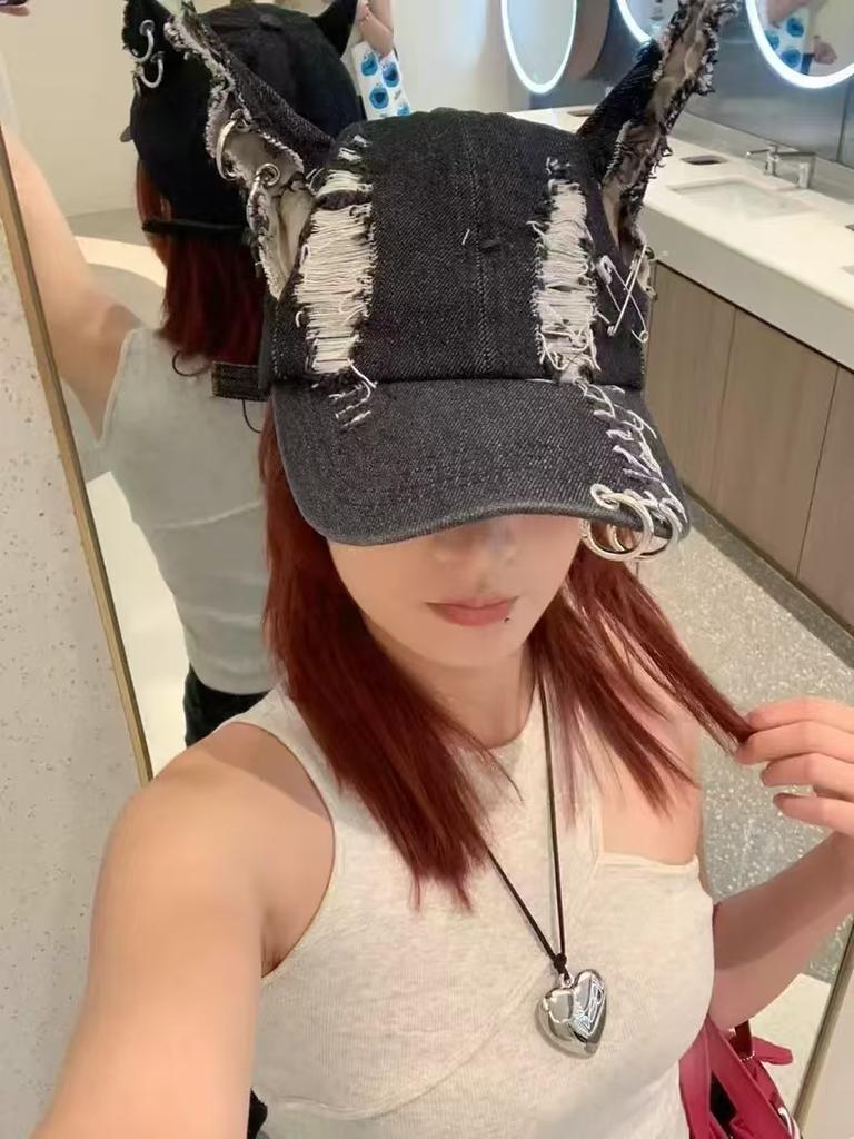 Junk Style Y2K Doberman Dog Ears Washed Cowboy Baseball Cap Dark Tie Punk Personality Street Cap Tide