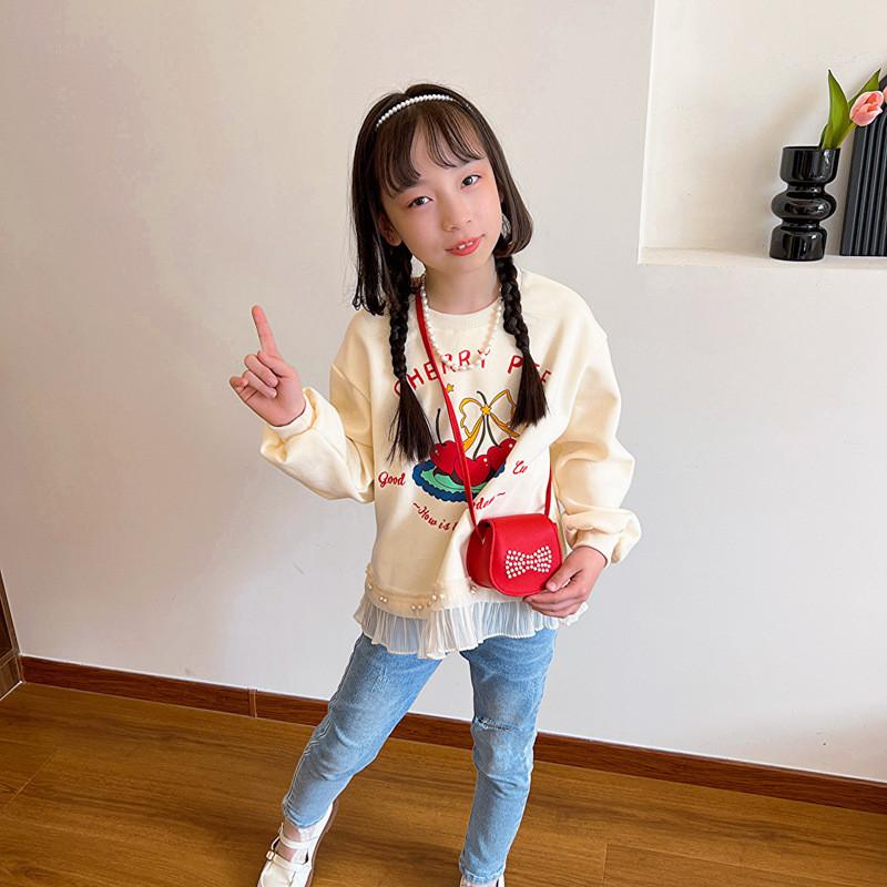 Stylish Mini Pearl Bow Shoulder Bag For Kids In Trendy Black Red Pink And Beige Colors