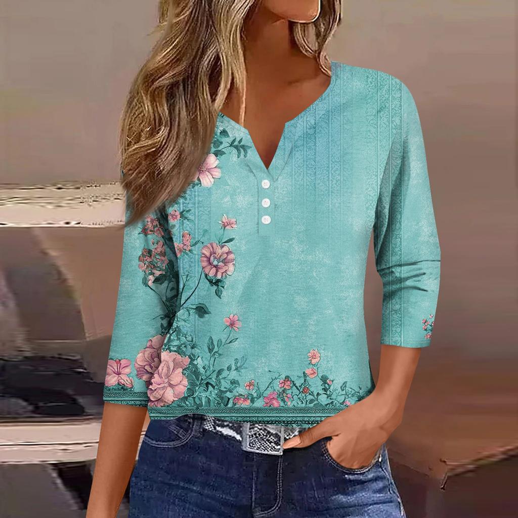 Women's Loose Casual Flower Print Seven Quarter Sleeved V-Neck Top Seven Quarter Sleeved V-Neck Top