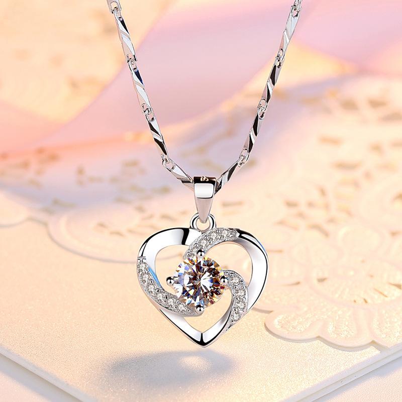 Romantic 925 Sterling Silver Heart Shape Crystal Zircon Pendant Necklaces For Women Girls Wedding Party Trendy Jewelry Gifts