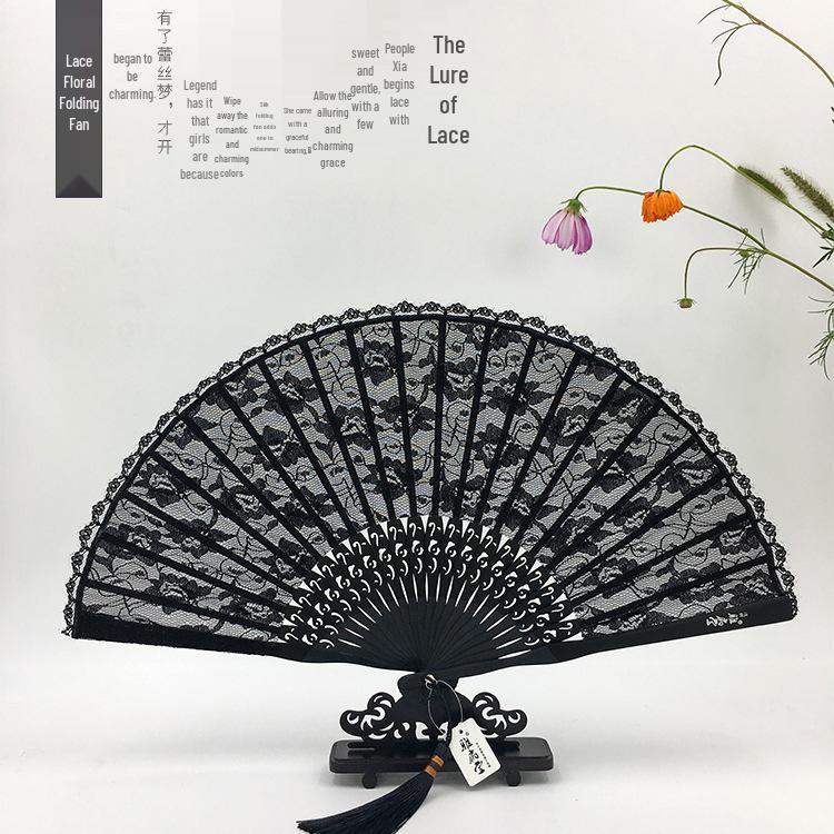 Classic Black Lace Cheongsam Folding Fan - Portable Chinese Style Summer Dance Fan for Ladies