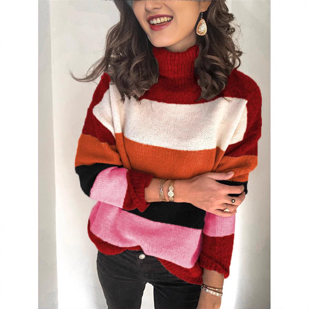 2025 Autumn Winter Plus Size Striped Patchwork High Neck Wool Knit Sweater for Women