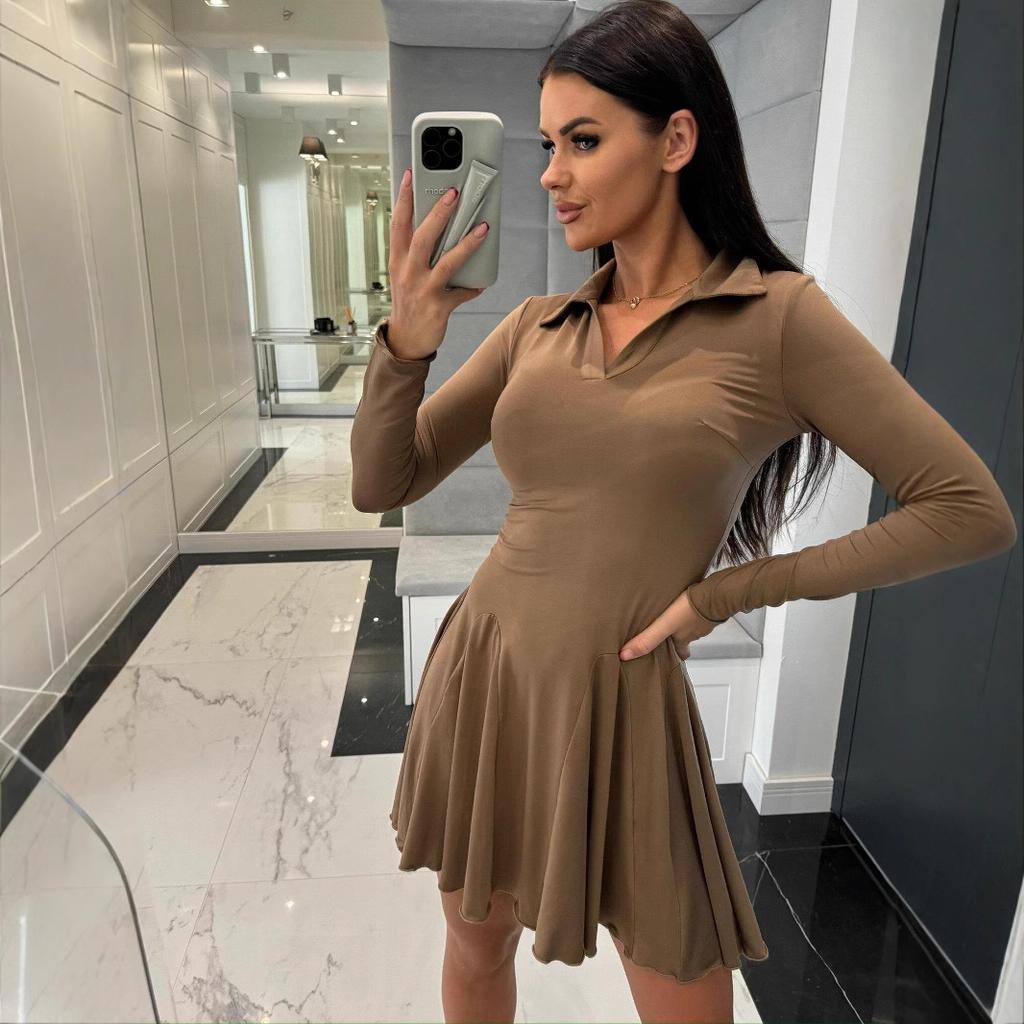 Dress Spring and Autumn Women's New Solid Color Waist Long Sleeve Lapel Skirt