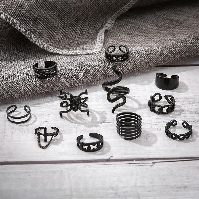 Gun Black Snake-shaped Spider Joint Ring Exaggerated Punk Style 11-piece Set