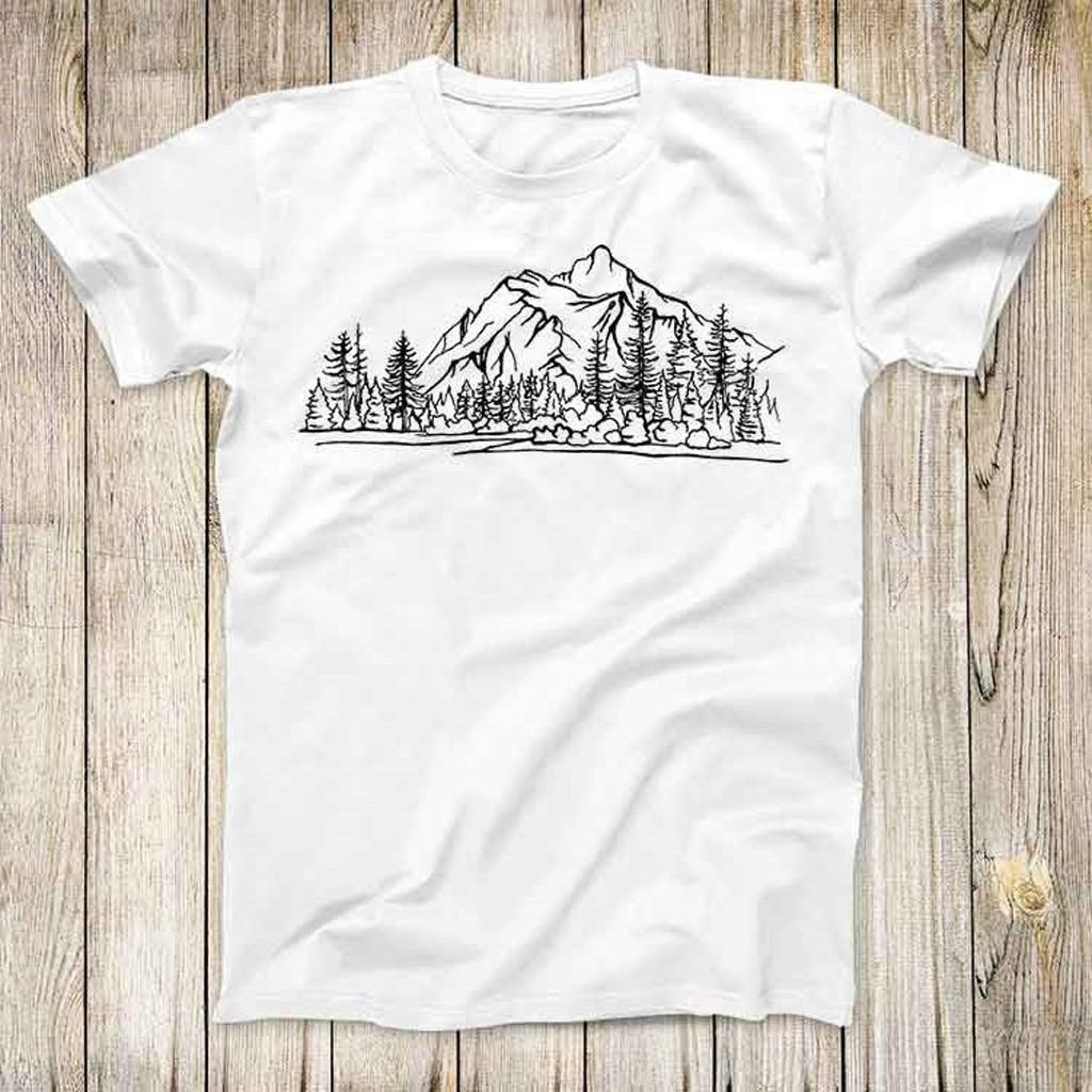 Mountain Design Forest Pine Trees Cool Tee Nature Hiking Sketch Hand Drawn Fashion Gift Unisex Top T-Shirt 2778