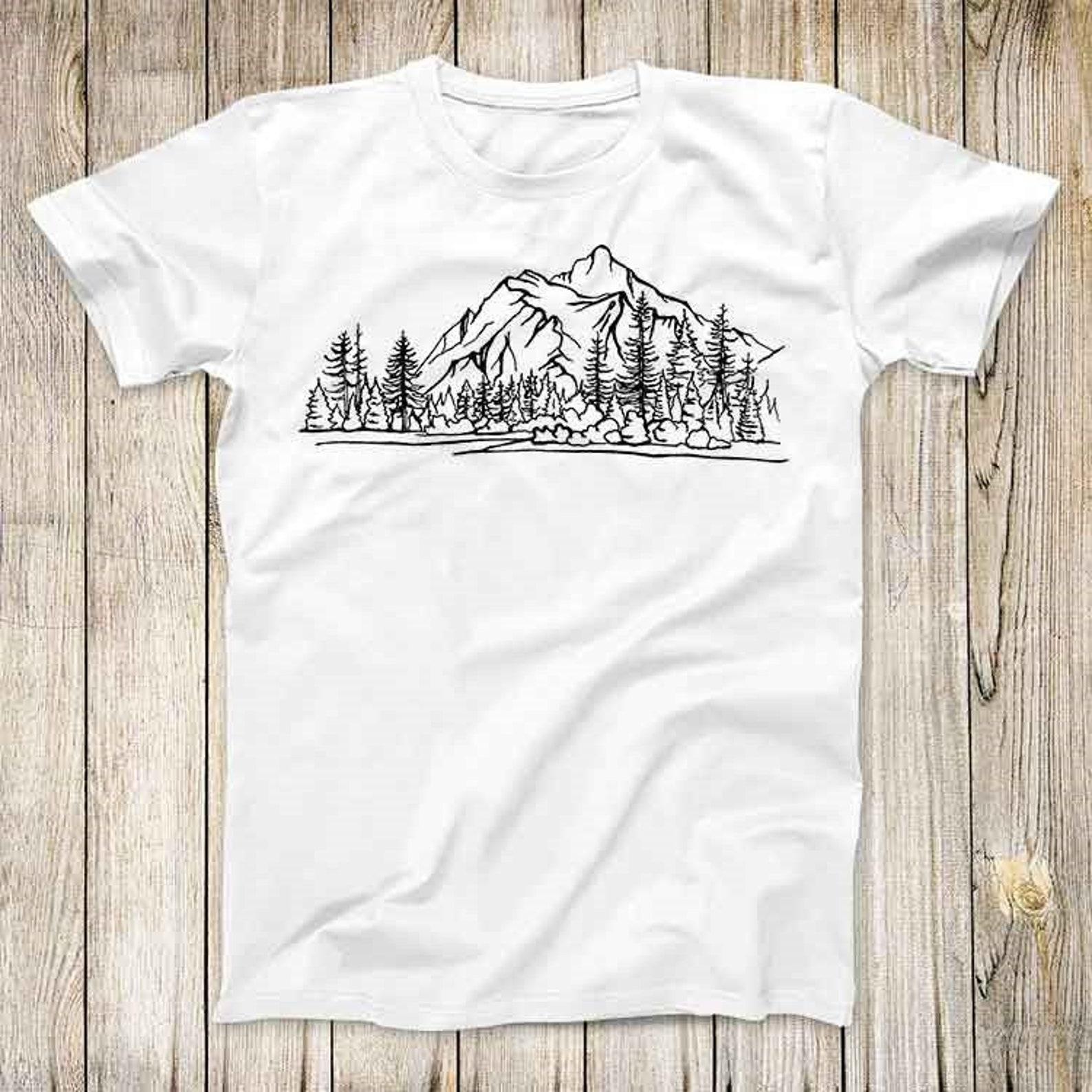 Mountain Design Forest Pine Trees Cool Tee Nature Hiking Sketch Hand Drawn Fashion Gift Unisex Top T-Shirt 2778 4XL