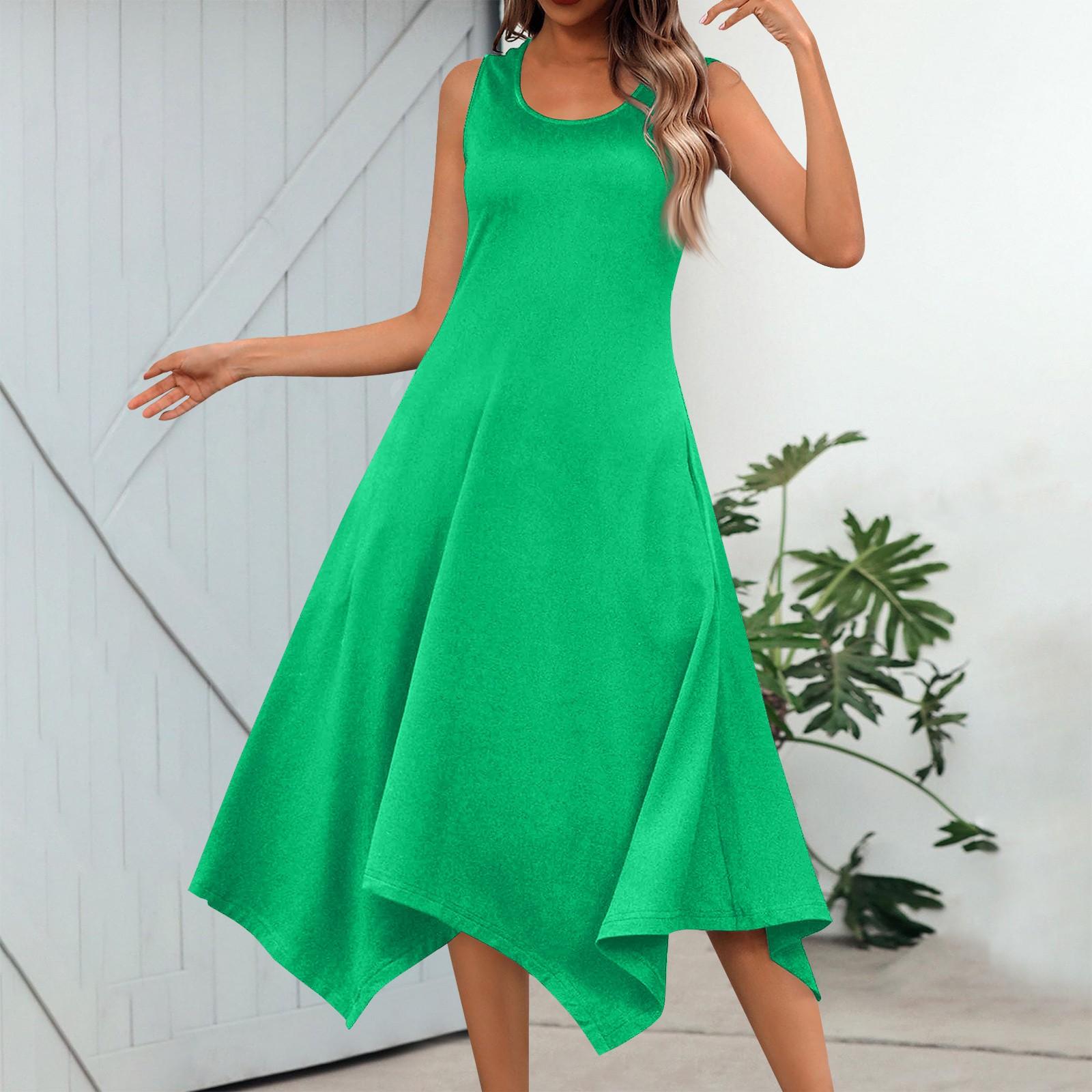 

Женское повседневное модное платье миди без рукавов с круглым вырезом и нерегулярным подолом S зелёный
