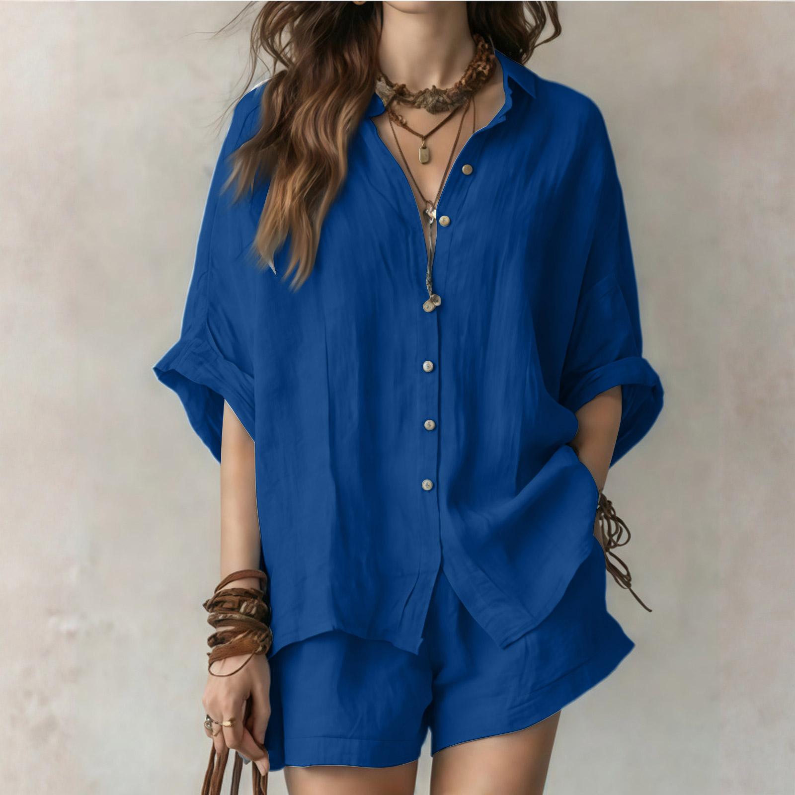 

Fashionable Women s Spring & Summer New Arrival Color Casual Sets (Shirt + Shorts) - Stylish, Trendy, And Comfortable Outfit XXL тёмно-синий