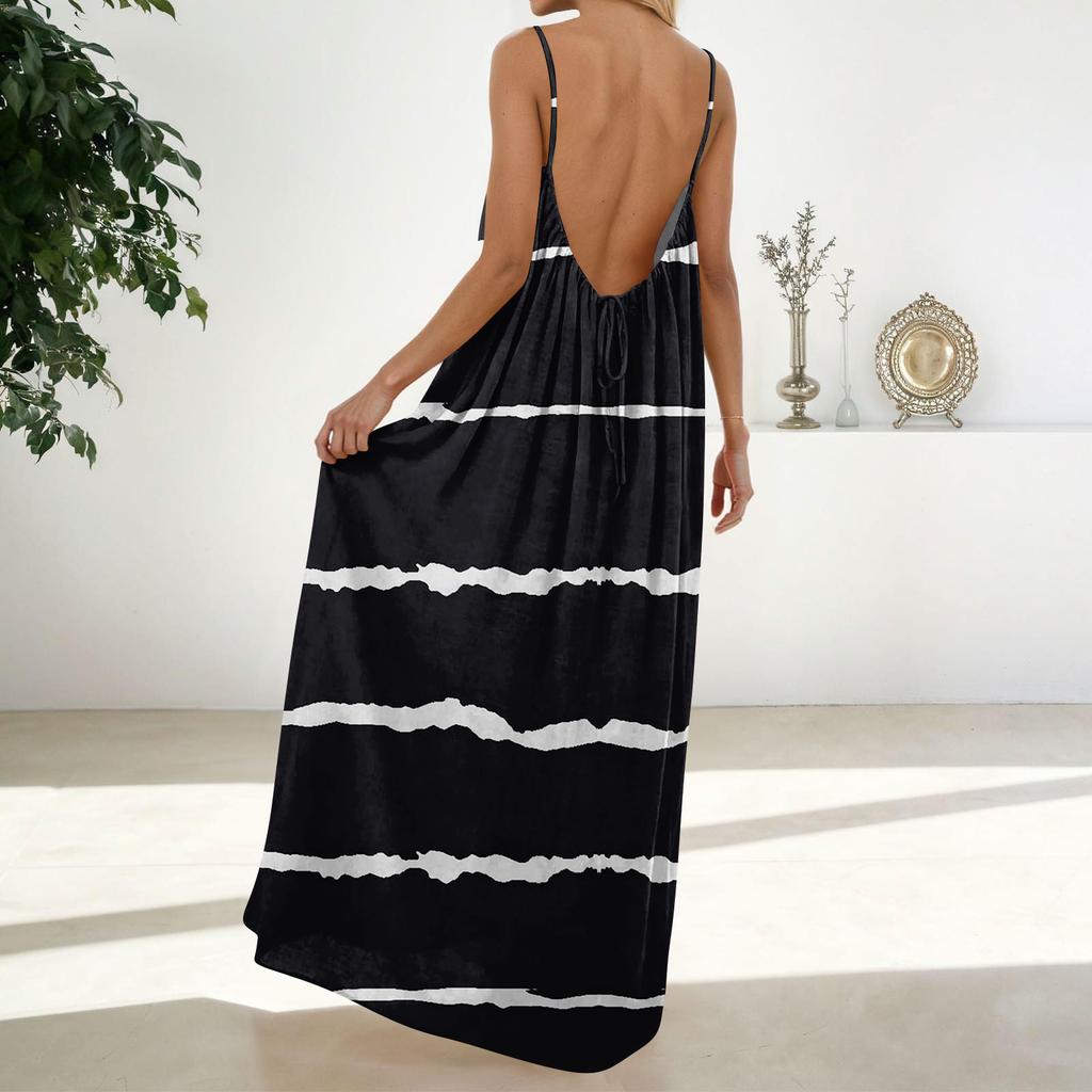 Women's Fashion Backless Spaghetti Strap Casual Loose-Fit Striped Print Dress