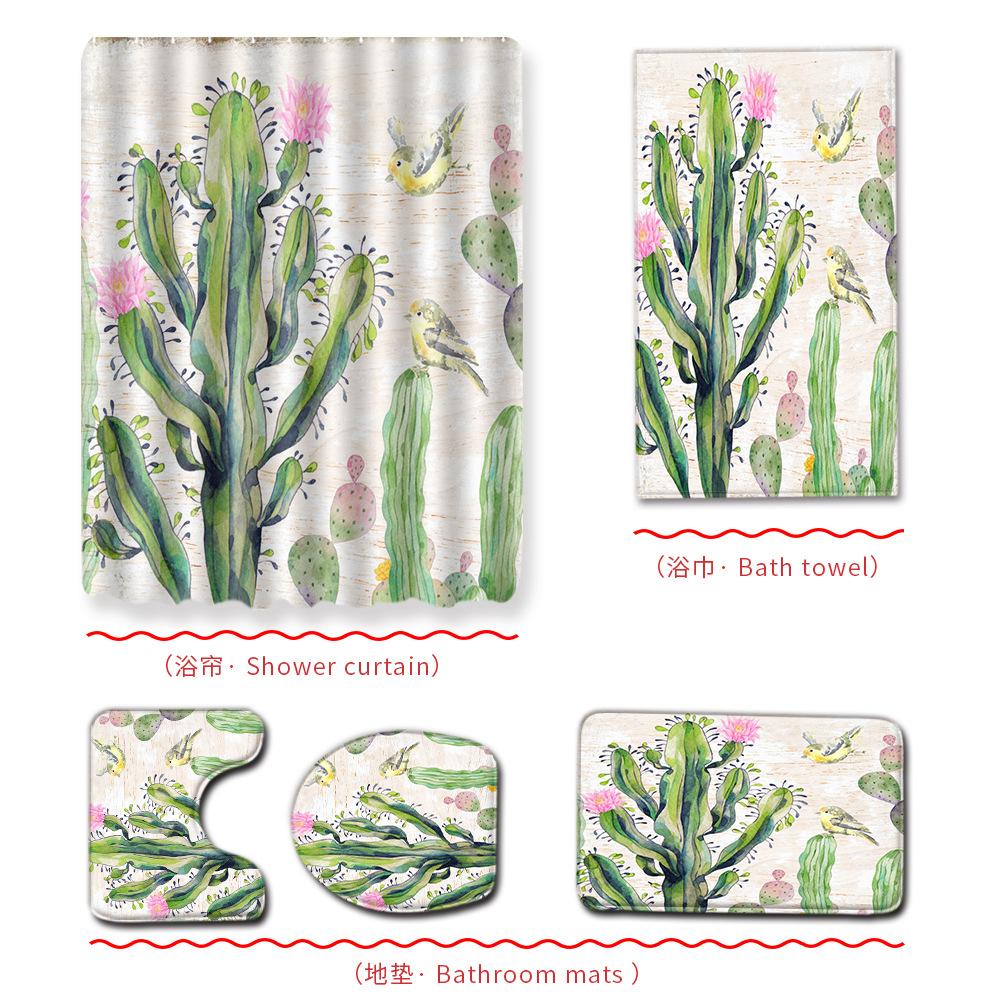 Cactus Bathroom Shower Curtain Bath Towel Floor Mat Five-Piece Set Bathroom Toilet Carpet Shower Foot Mat
