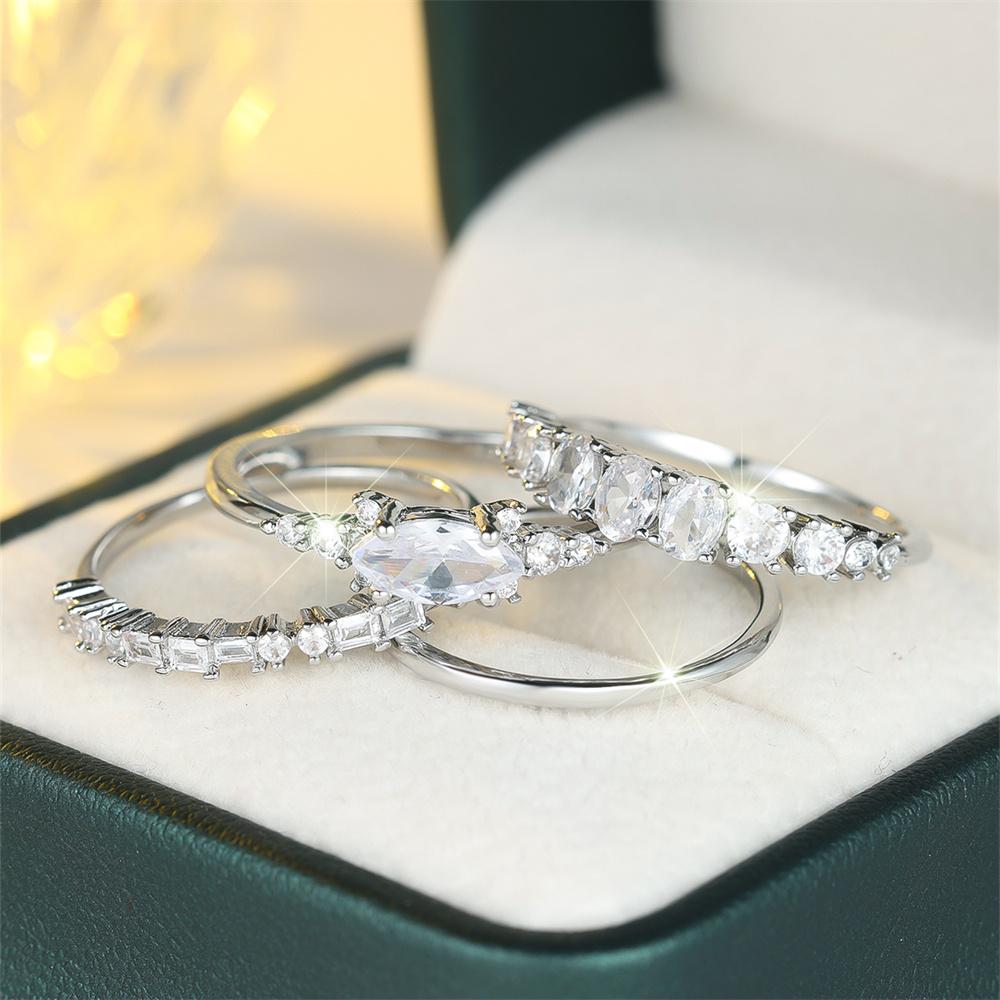 4pcs/set Luxury Crystal White Zircon Ring Sets For Women Vintage Fashion Silver Color Bridal Wedding Bands Engagement Jewelry