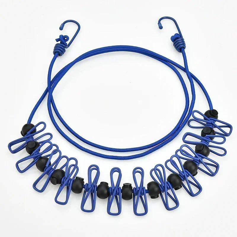 Portable Clothesline with 12 Clips Elastic Retractable Laundry Drying Rope Wind-Proof Clothes Hanging Line for Outdoor