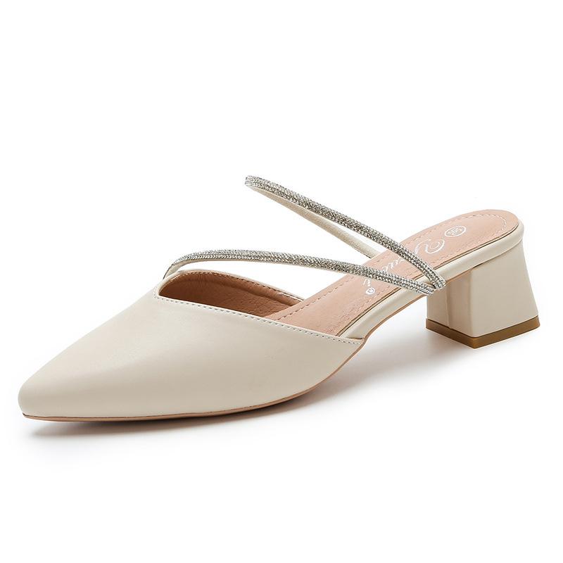 

Fashion pointed toe crystal narrow band sandals women thick high heels outdoor summer mules shoes woman glitter leather sandalias mujer 41 бежевый