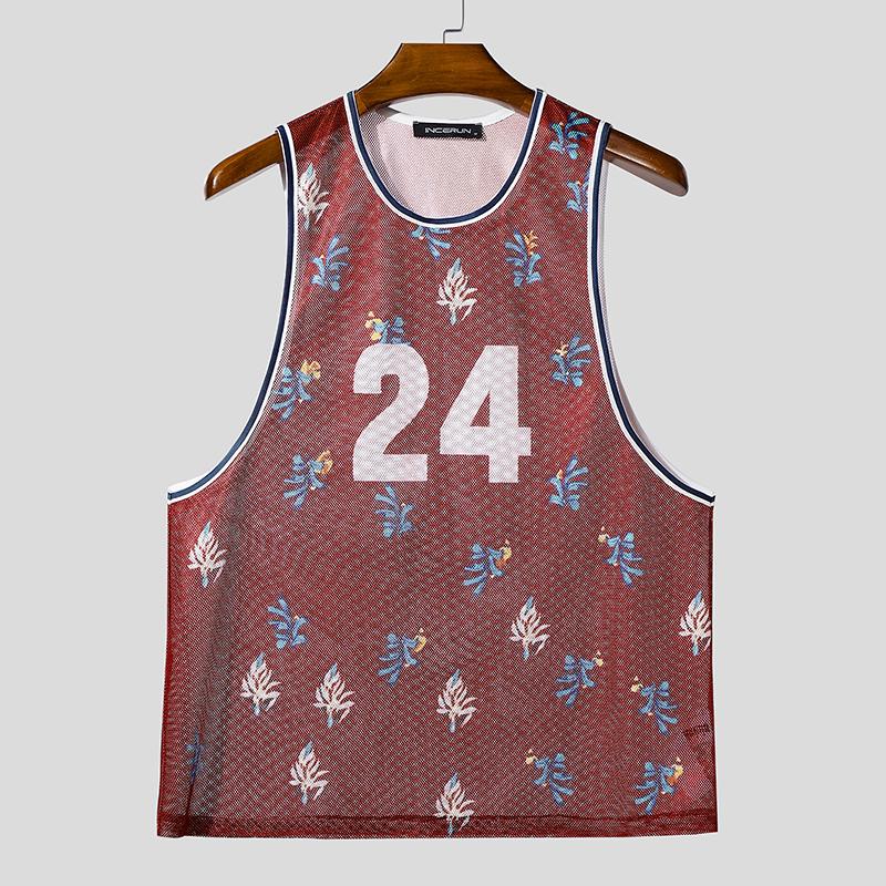 INCERUN Ärmellose Herren-Tanktops aus durchsichtigem Netz mit Print, Racerback