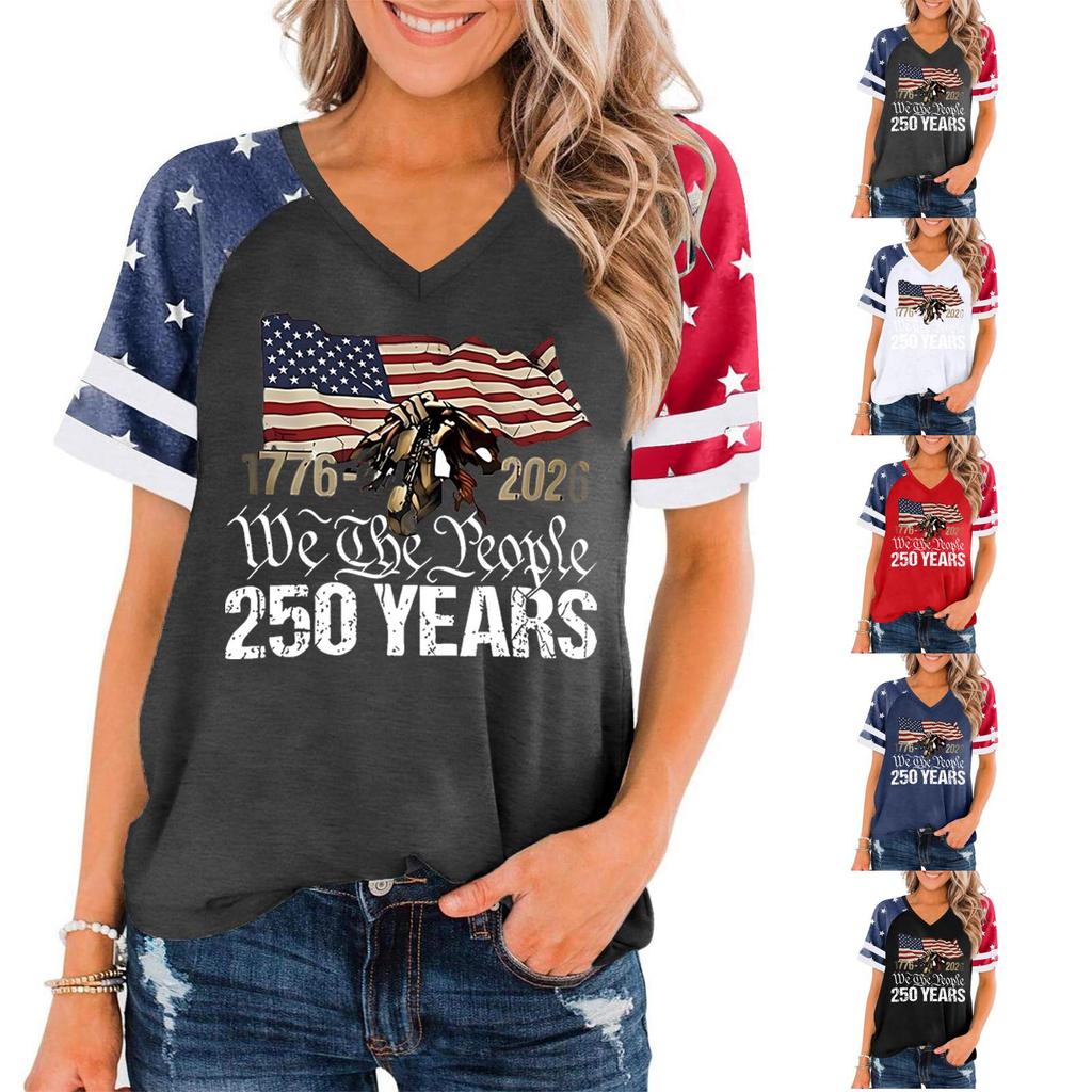 Women V Neck Short Sleeve Pullover T Shirt Casual Top with Graphic Print for Independence Day Celebration 1776 To 2026 Commemorative Design