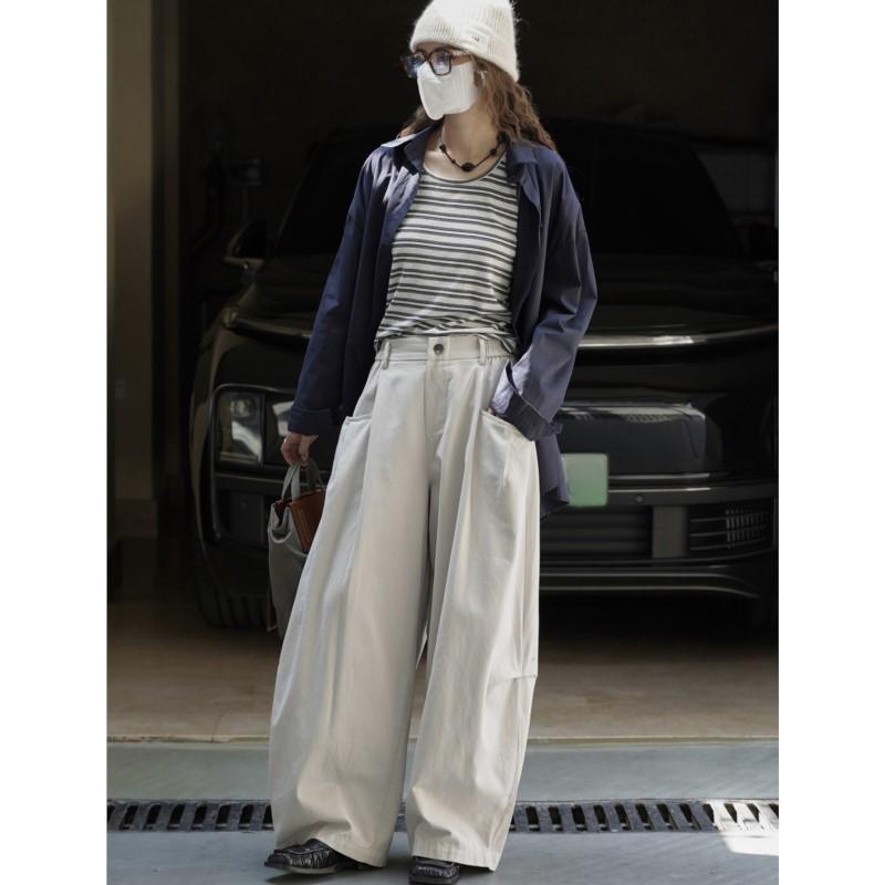 Johnature Japanese Relaxed Large-pocked Elastic Waist Trousers Structured Pants Women Casual Pants For Autumn Winter