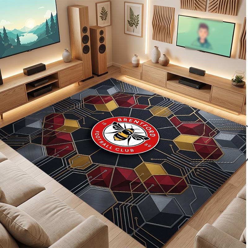 Brentford Football Print Crystal Velvet Rug, Comfortable Water Absorbent Non Slip Indoor Floor Carpet
