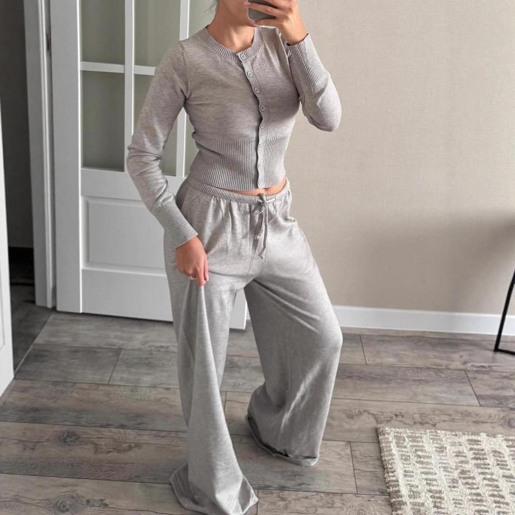 Women's Summer Fashion Knit Cardigan and Pants Set – Button Front, Long Sleeve, Round Neck
