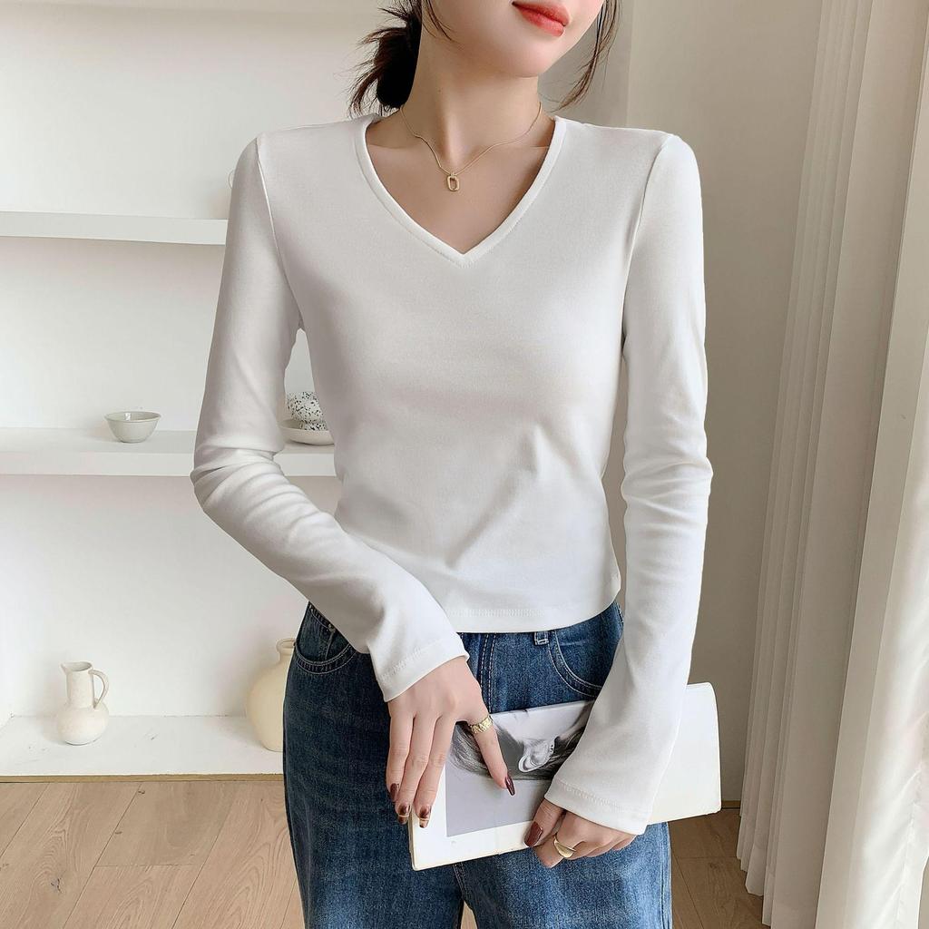 Women's Ribbed V-neck Slim-fit Base Shirt - Autumn/Winter Versatile Solid Color Top