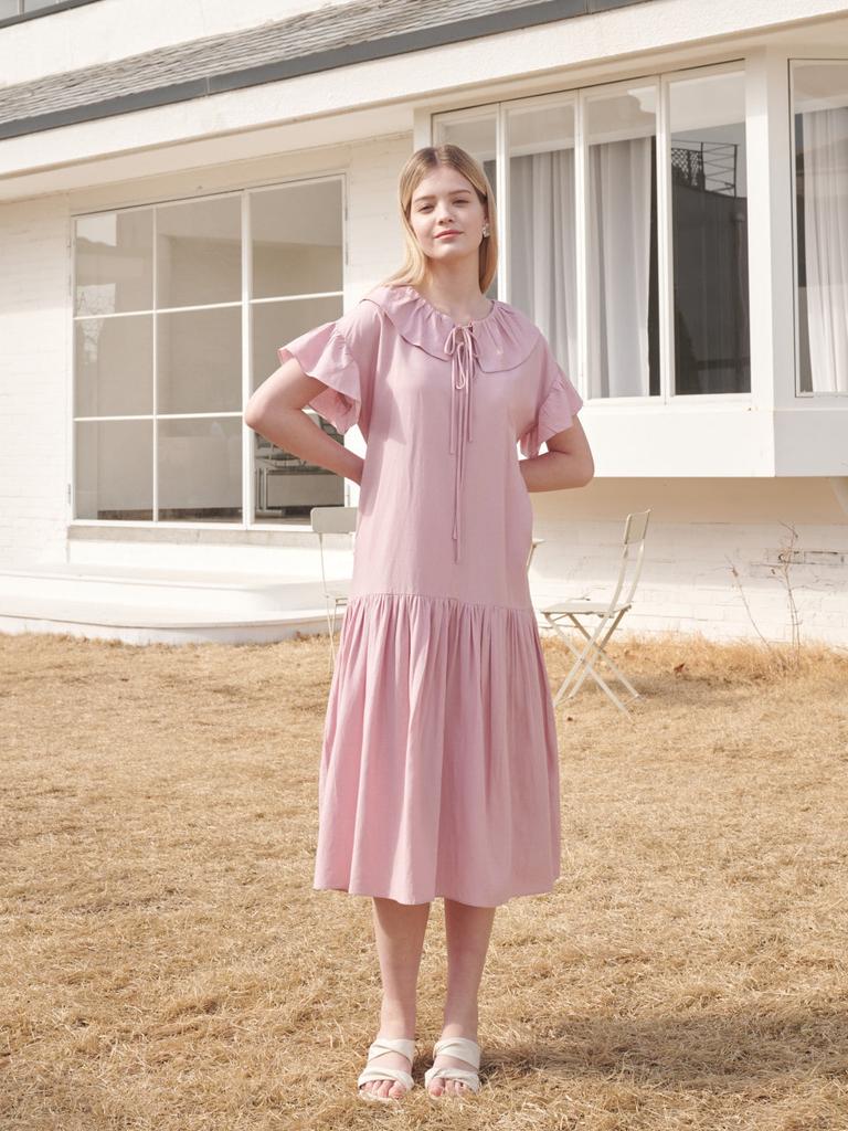 Koes Linen Shirred Long Dress_Lavender