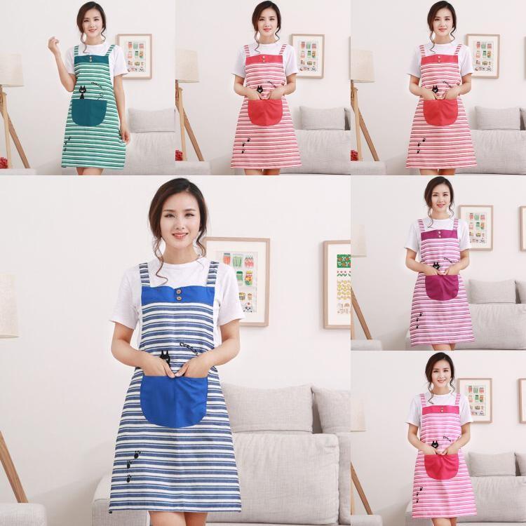 New Cute Home Womens Kitchen Restaurant Bib Cooking Aprons Pockets Striped Apron