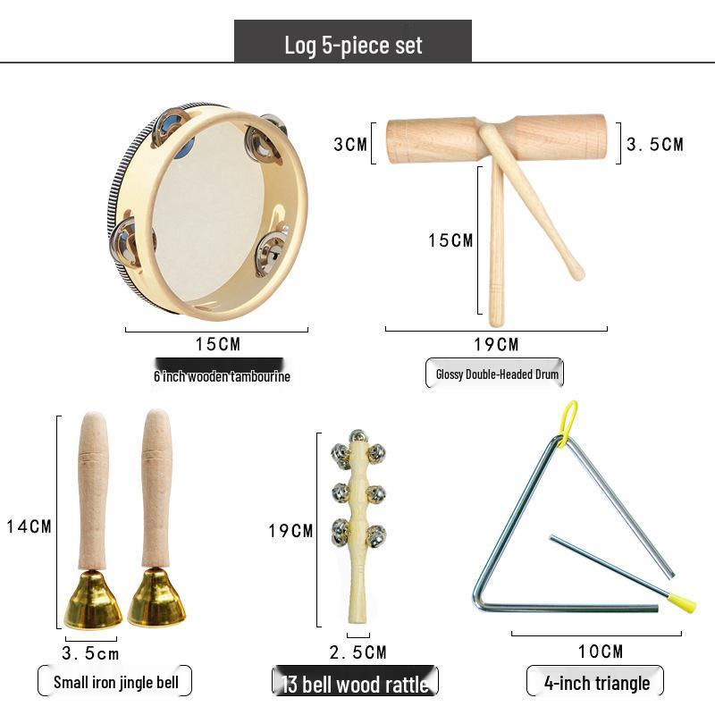 Children's Orff Percussion Instruments: Triangle, Castanets, Maracas, Tambourine, Wood Block, Cymbals