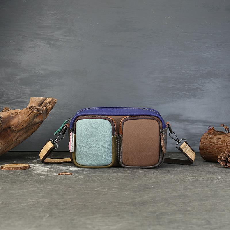 Genuine Leather Woven Color-blocked Camera Bag Large Capacity Multi-slot Single-shoulder Crossbody Bag