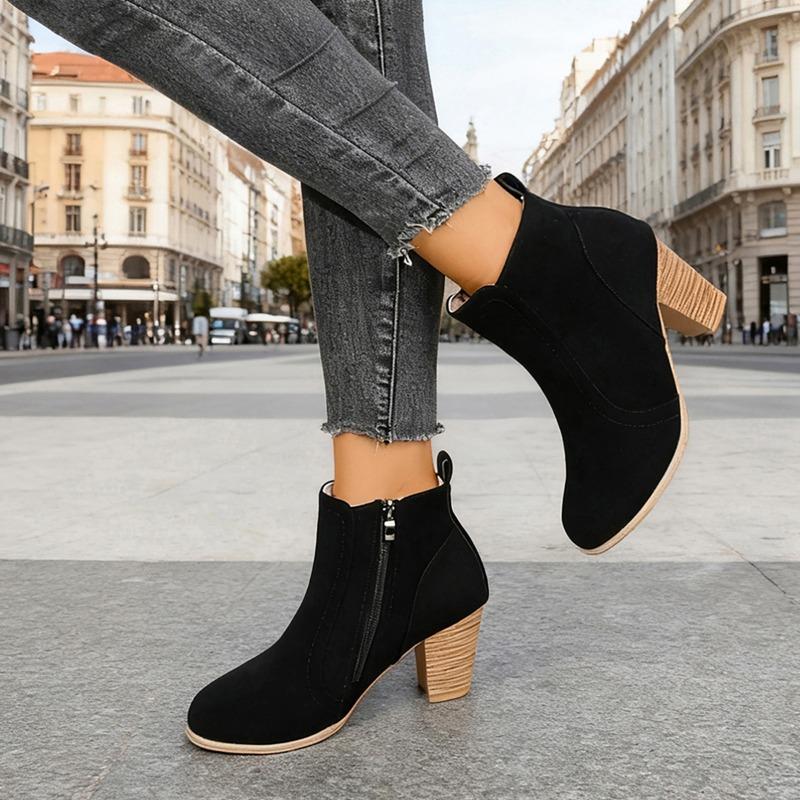 Autumn and Winter New Round Toe Solid Color High Heel Short Tube Side Zipper Fashion Boots Women