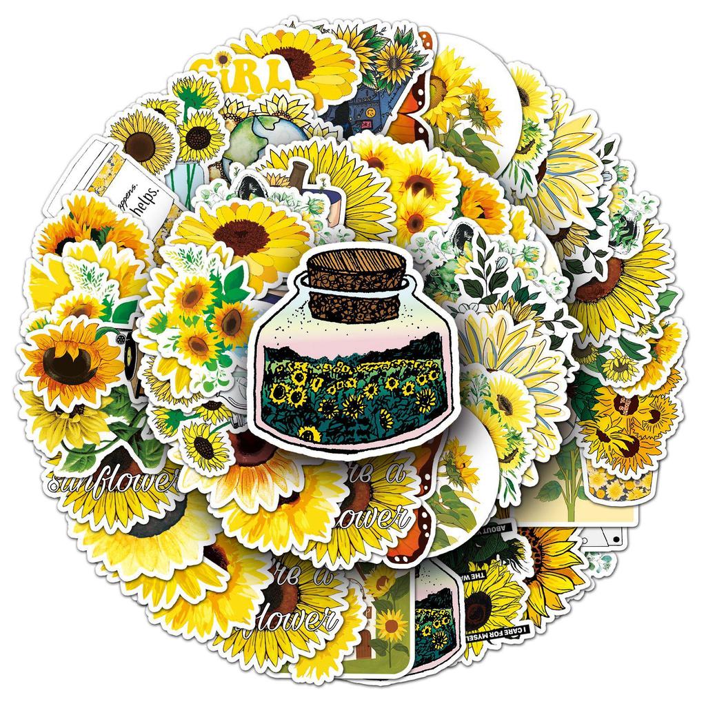50 Sunflower Cartoon Stickers - DIY Color Plant Decoration for Milk Tea Cups
