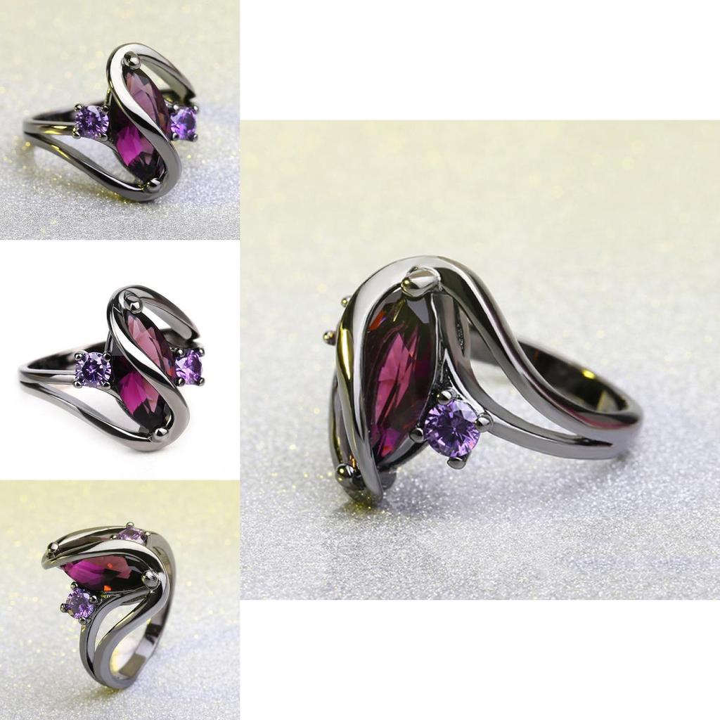 Genuine Purple Crystal Marquise Cut And Black Titanium Ring