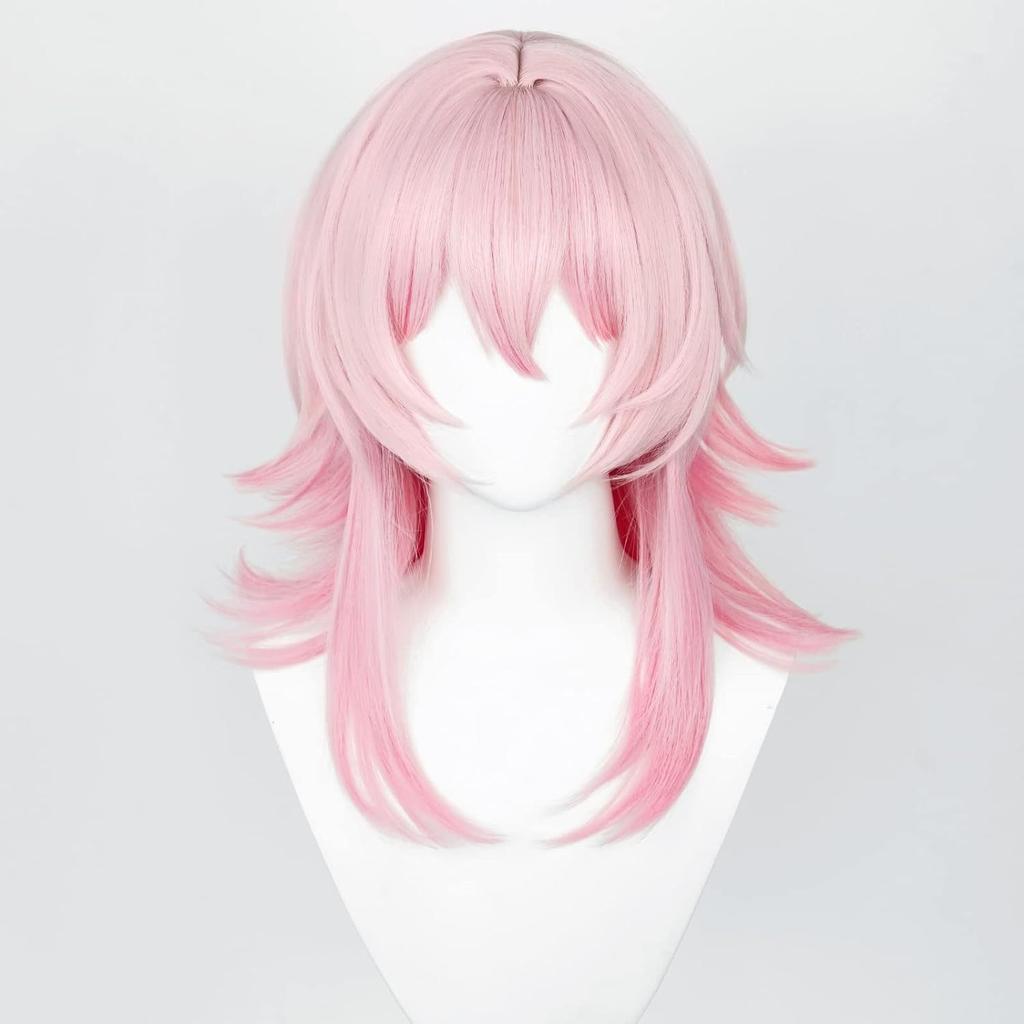 European American Anime Wig Collapse Star Dome Railway March 7th Light Pink Dimple Bangs Back Up Hairstyle