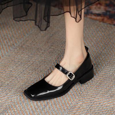 Cow Leather Round Toe Thick Low Heels Autumn Shoes Mary Janes Solid Women Pumps