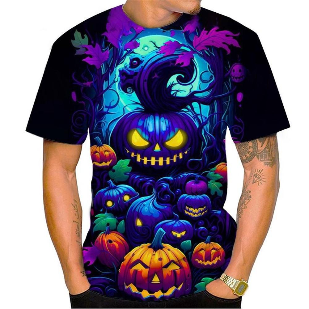 Men's T-shirt Short Sleeved Halloween 3D Pumpkin Skull Pattern T-shirt Fashionable and Funny T-shirt Casual Loose Halloween Party Top