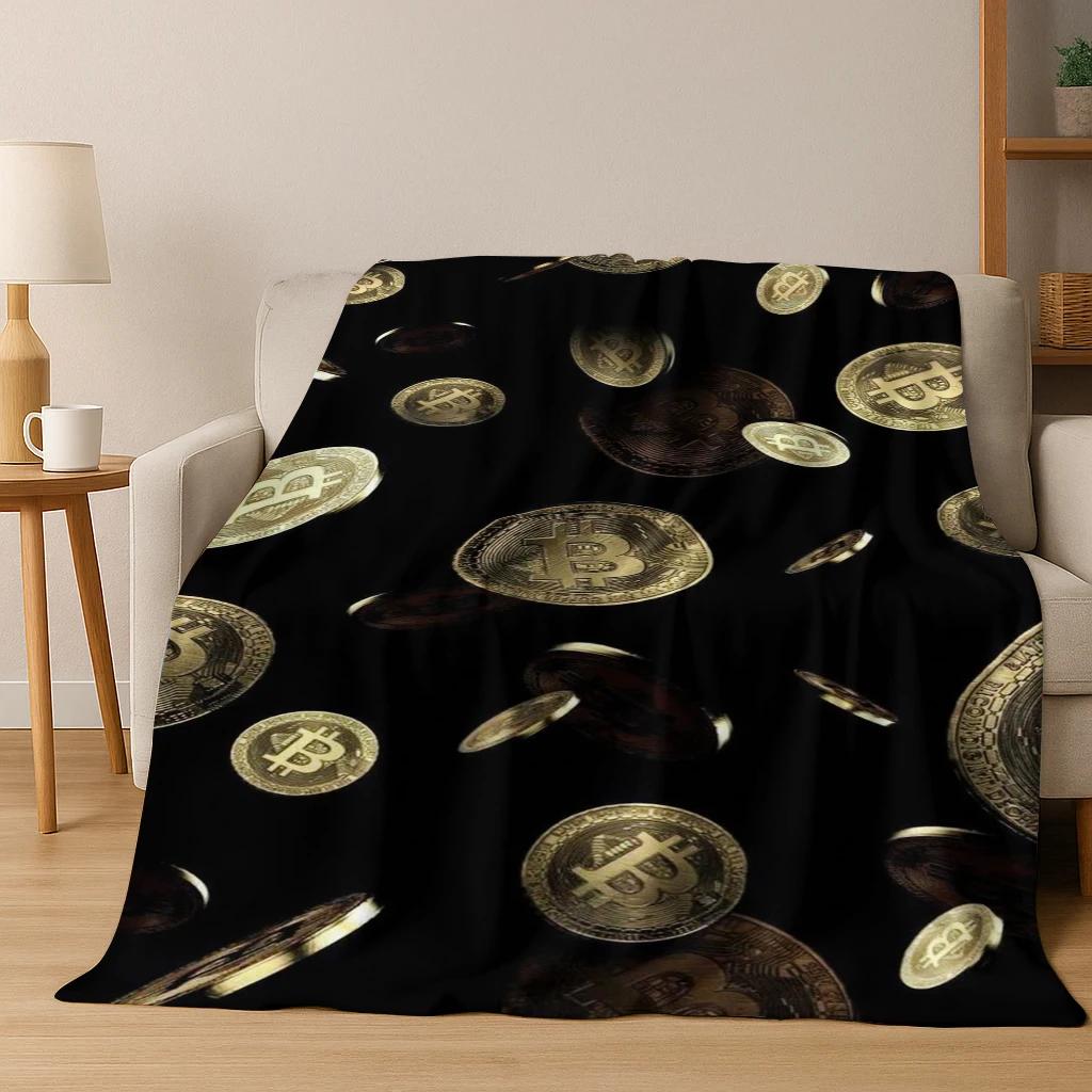 3D HD Bitcoin Money Pattern Flannel Blanket Soft Warm Blanket for Home Bedroom Office Travel Camping Picnic Gift To Friend