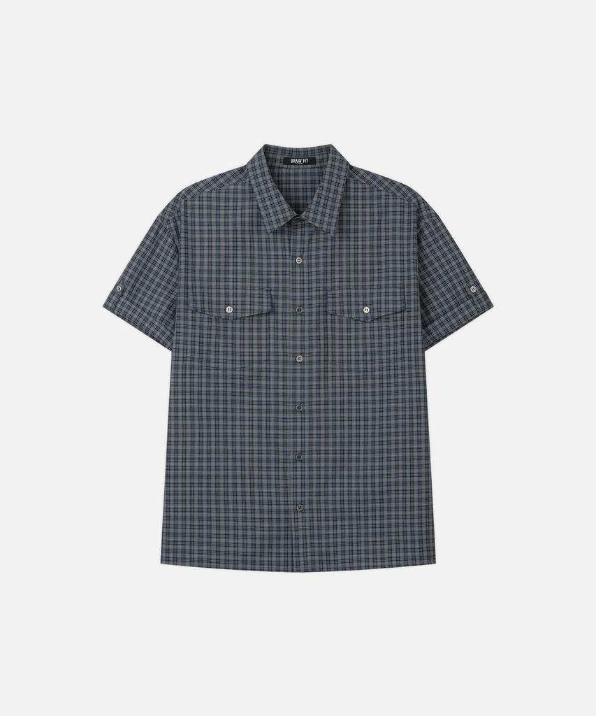 DRAW FIT Lark Roll-Up Check Half Shirt [Blue Grey]