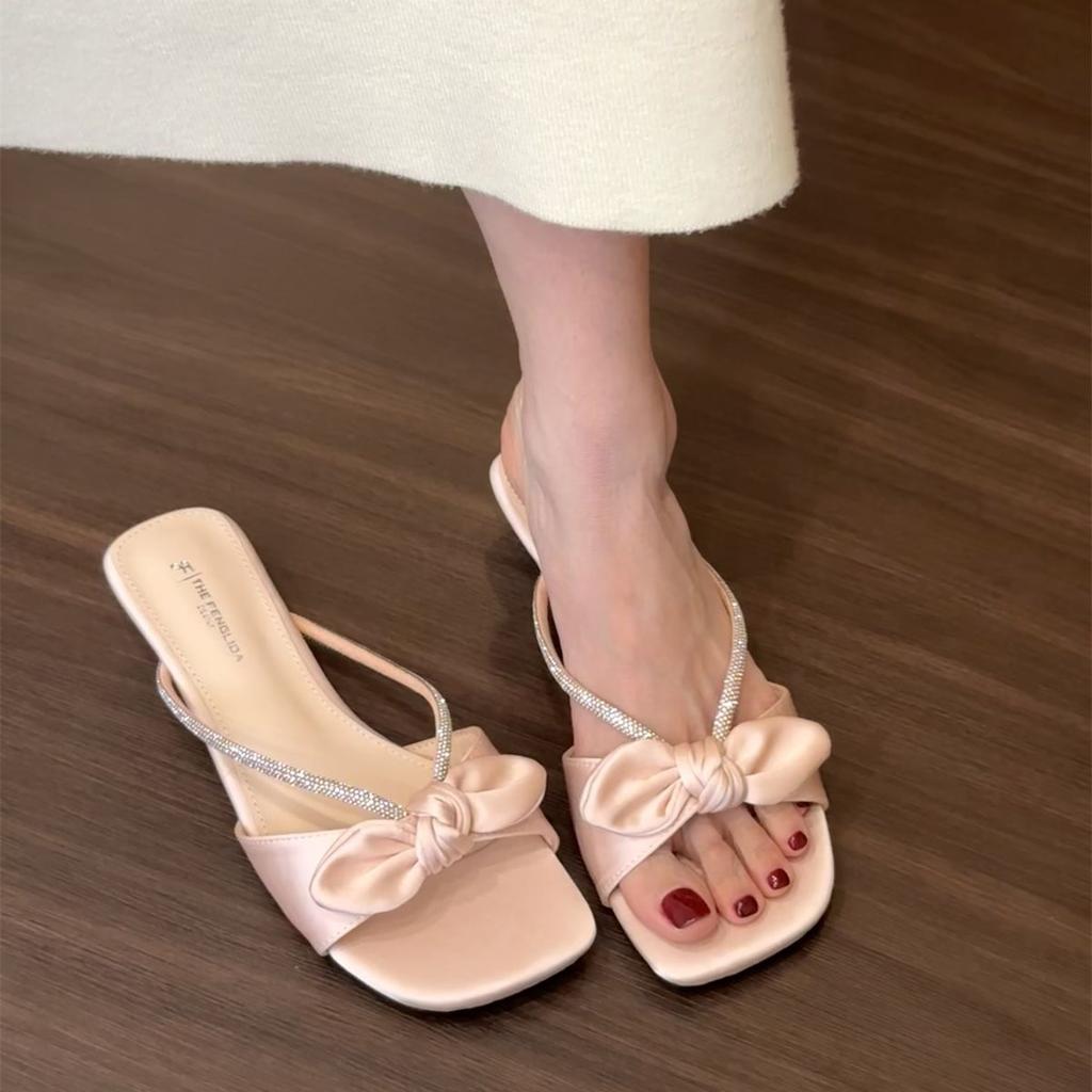 Thick heel temperament rhinestone French small cool slippers fairy shoes outer wear 2025 summer with skirt bow sandals