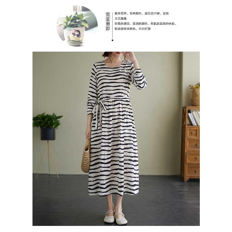 Vintage Literary Style Striped Printed Round Neck Long Sleeve Tie Dress