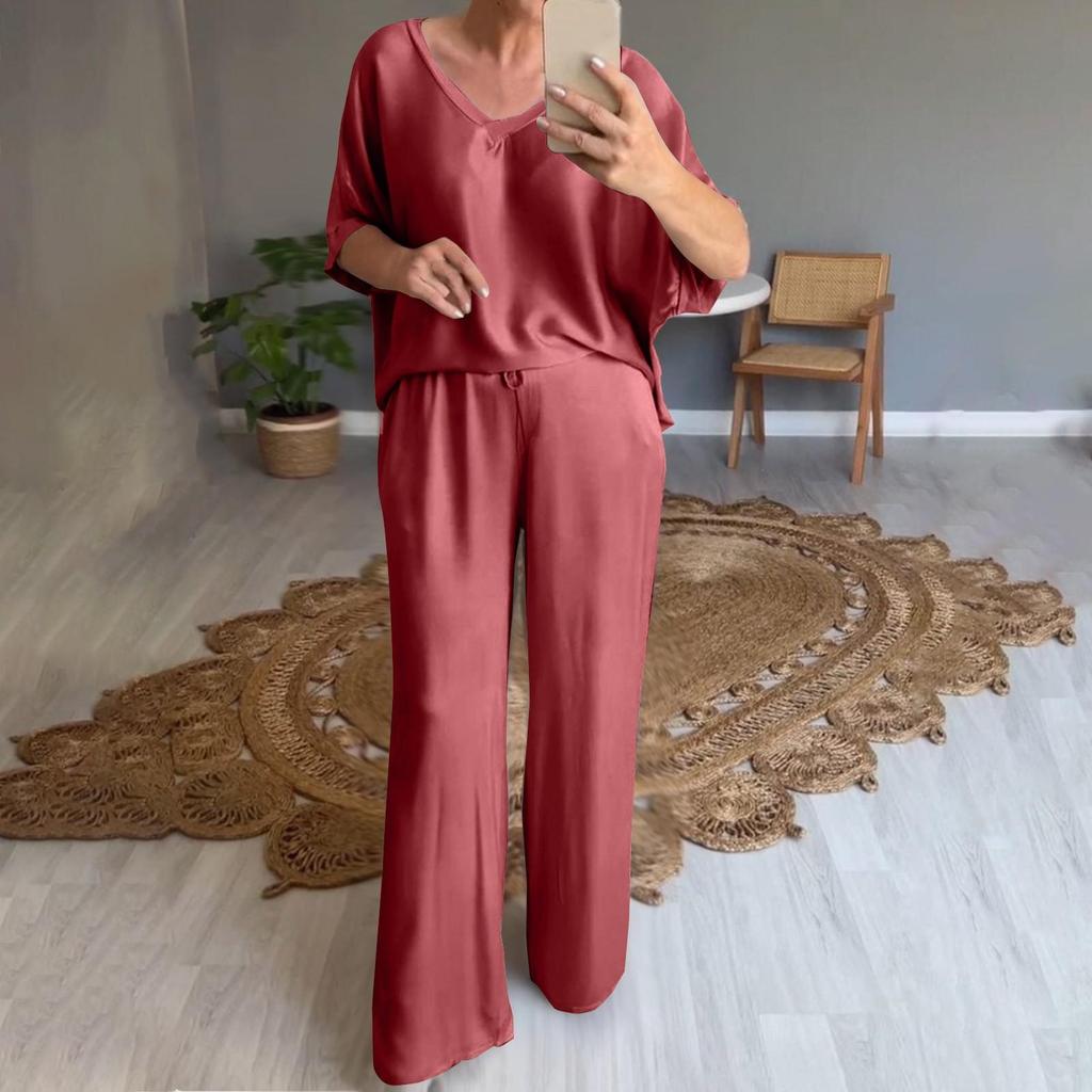 Women's Loose V-Neck Pullover Casual Short Sleeve Long Pants Fashion Suit