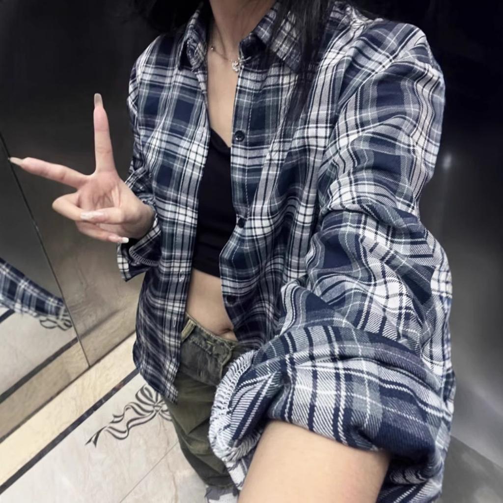 Camicia a Quadri da Donna con Collo a Revers e Maniche Lunghe, Vestibilità Larga, Casual, Bottoni, Top Oversize per Primavera Estate, da Indossare a Strati
