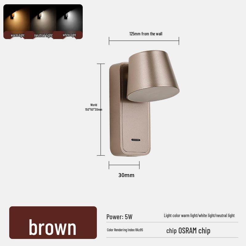 Rotatable LED Bedside Wall Light with Switch for Hotel, Guest Room, or Bedroom Reading.
