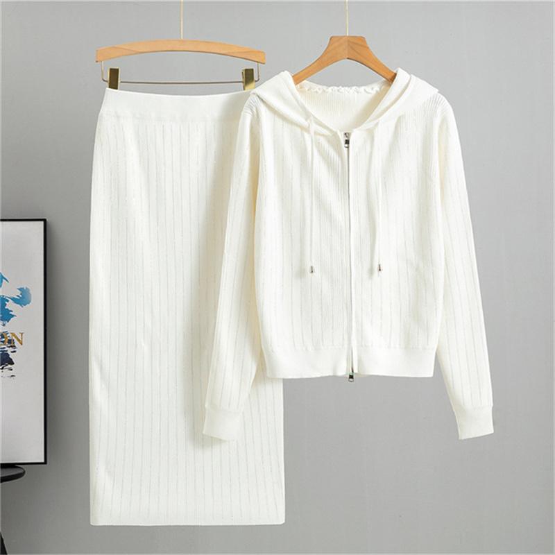 

Women s Autumn And Winter Sweater Cardigan Jacket Two Piece Suit Fashionable Short Skirt Suit One Size білий